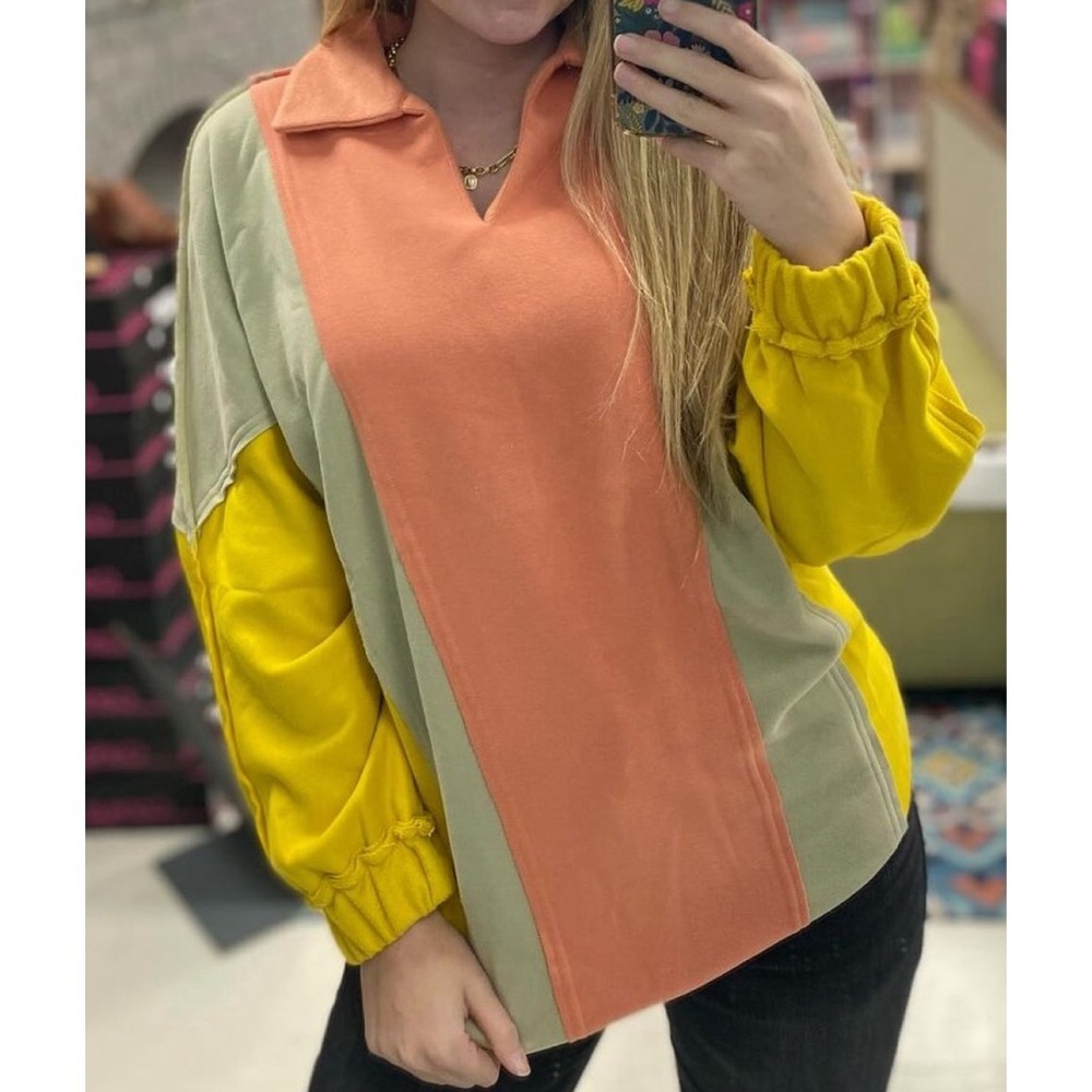 OTT COLORBLOCK COLLAR PULLOVER in sunrise yellow/brown/orange